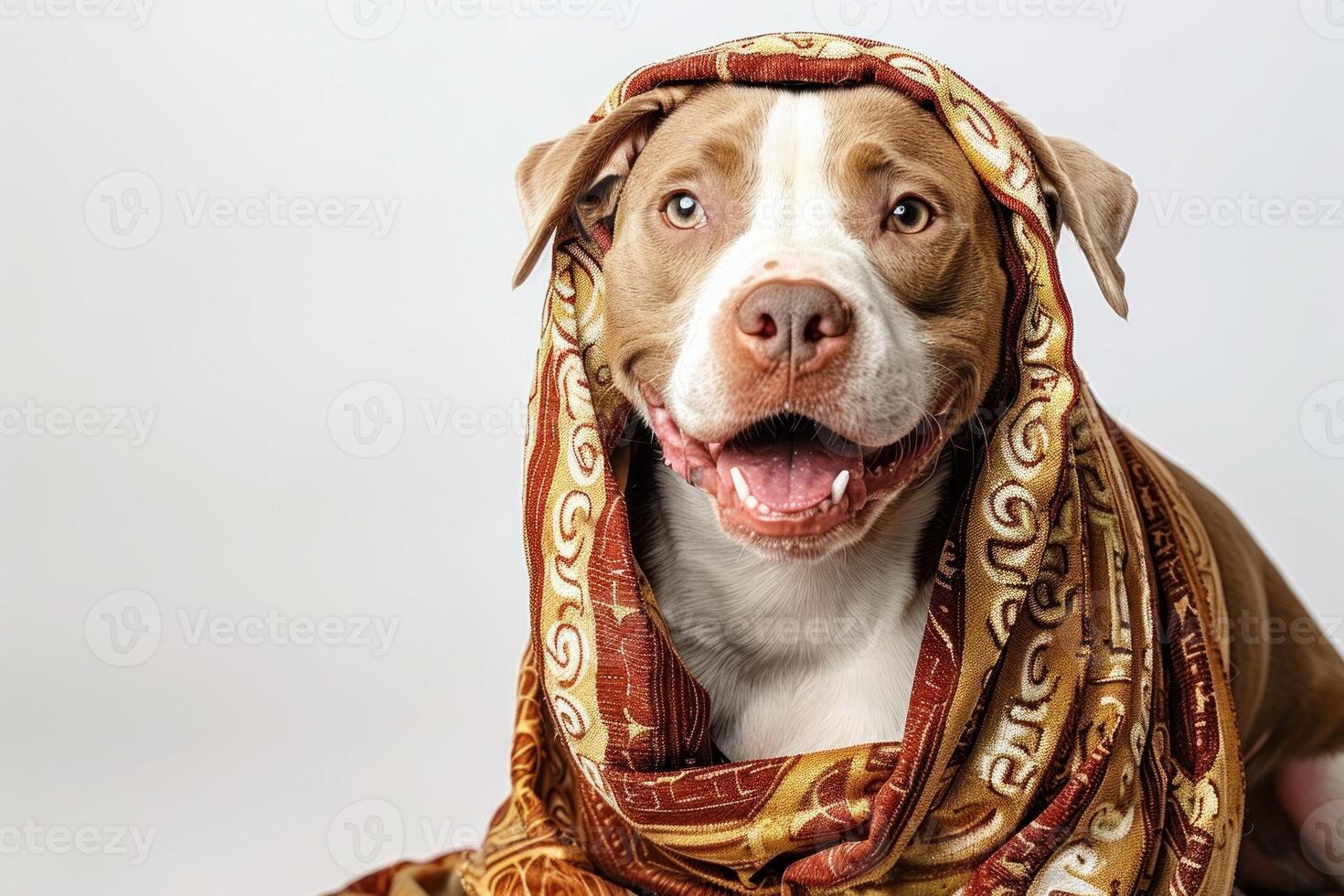 Happy Dog wearing Ancient Greek costumes, studio lighting, isolated on white background, stock photographic style photo