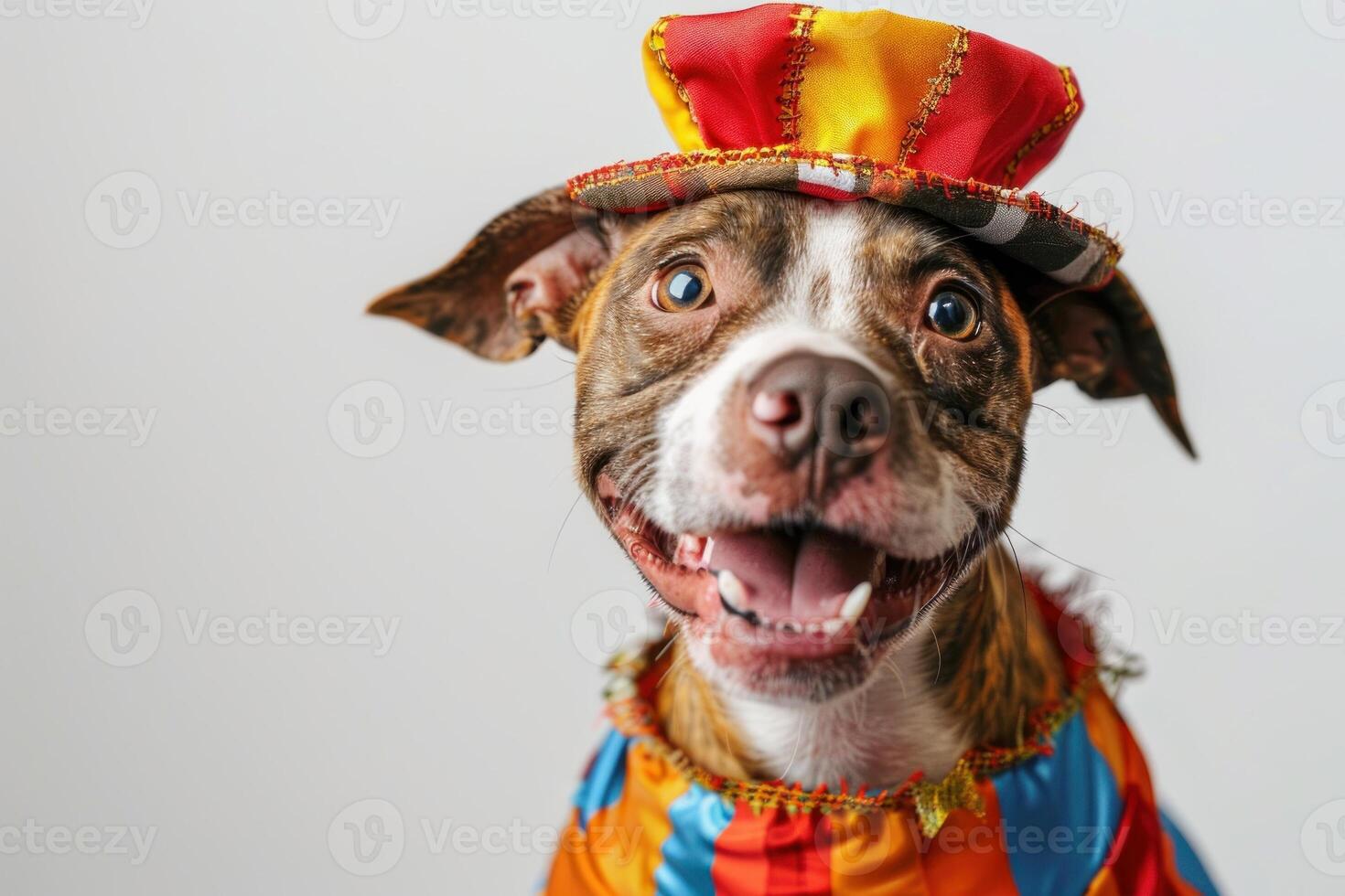 Happy Dog wearing Circus Ringmaster costumes, studio lighting, isolated on white background, stock photographic style photo