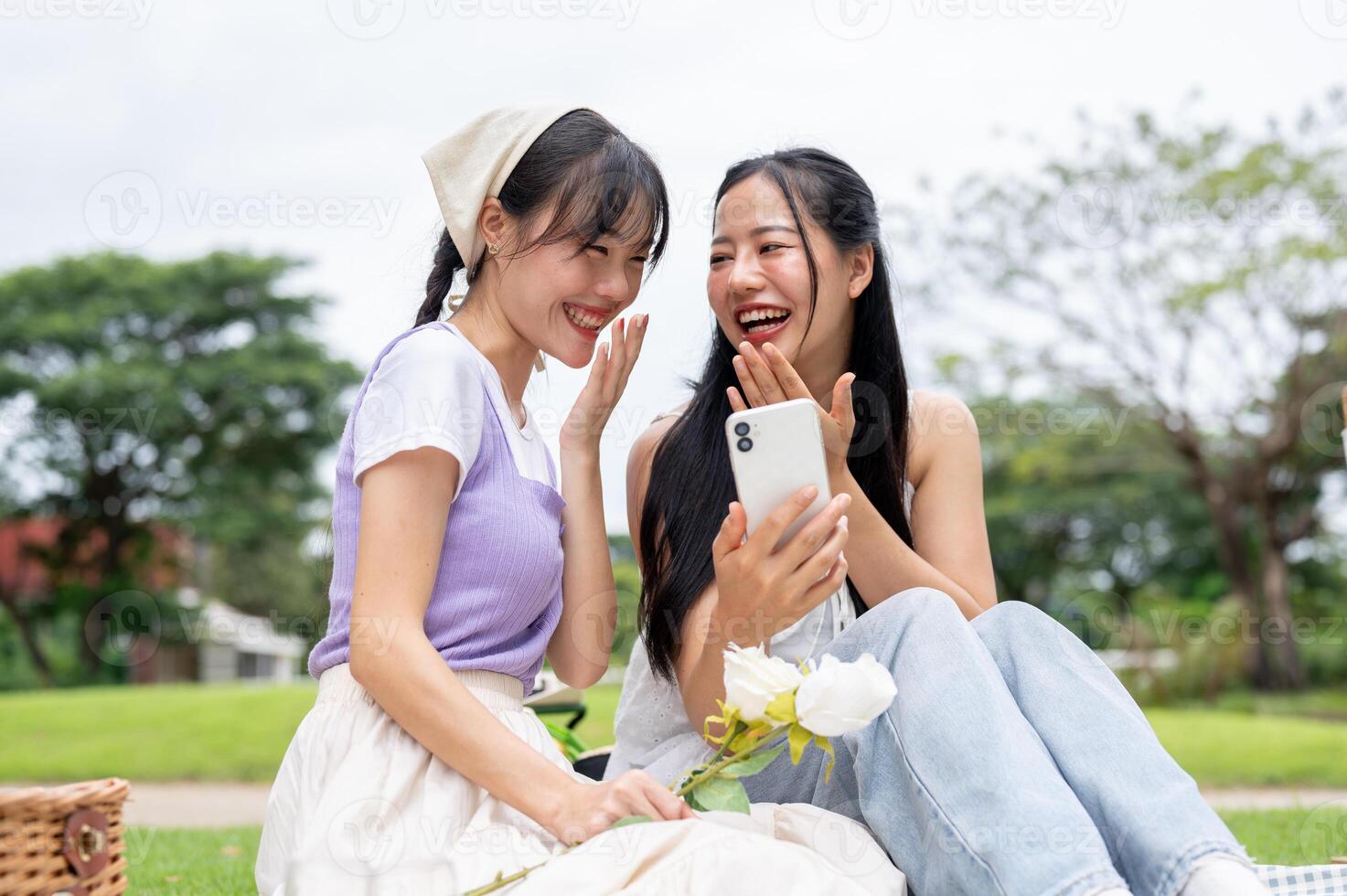Two lovely women are enjoying a conversation while looking at something on a phone during a picnic. photo
