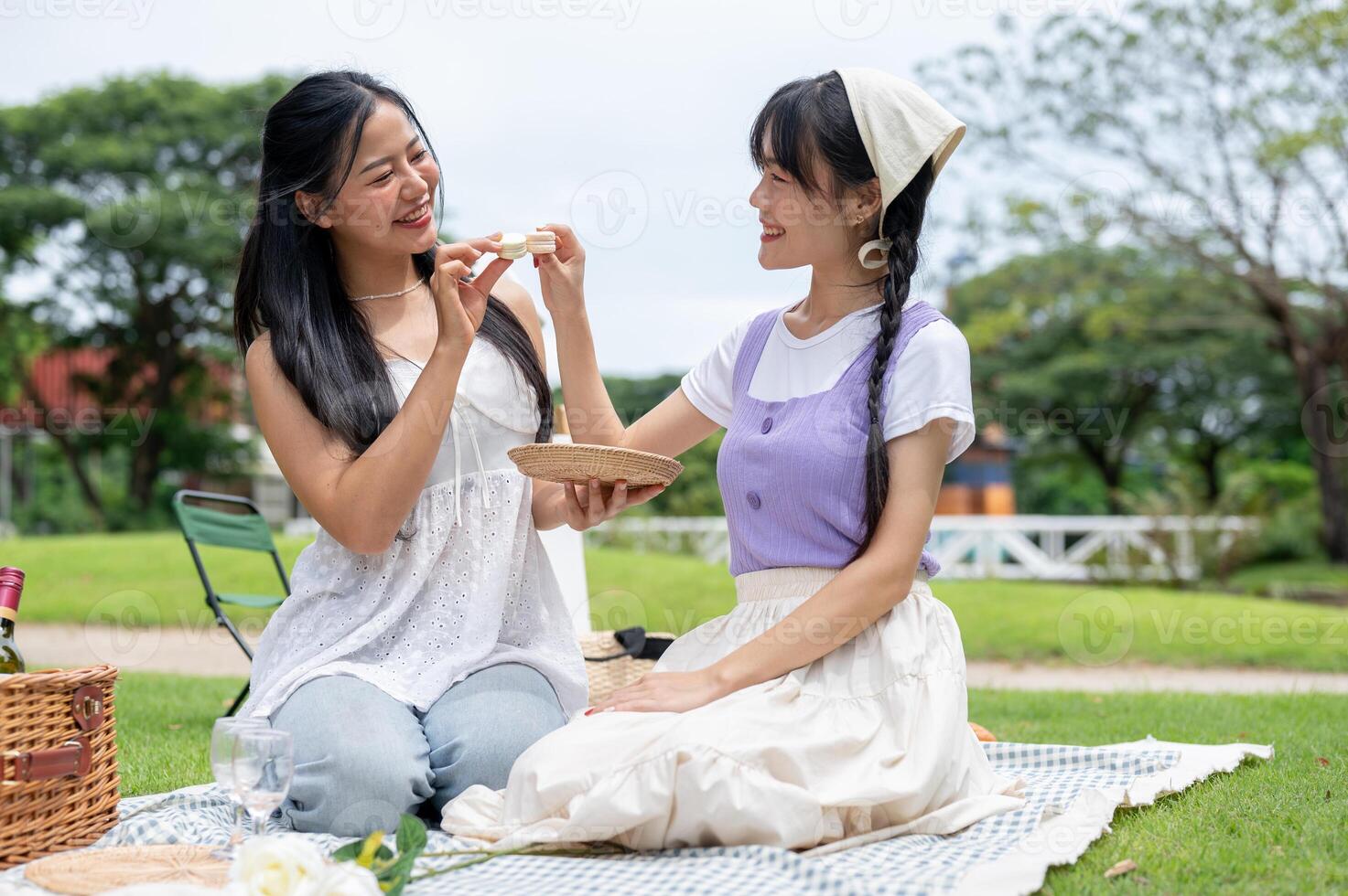 Two cheerful and pretty Asian women are enjoying picnic together in a green park on a bright day. photo