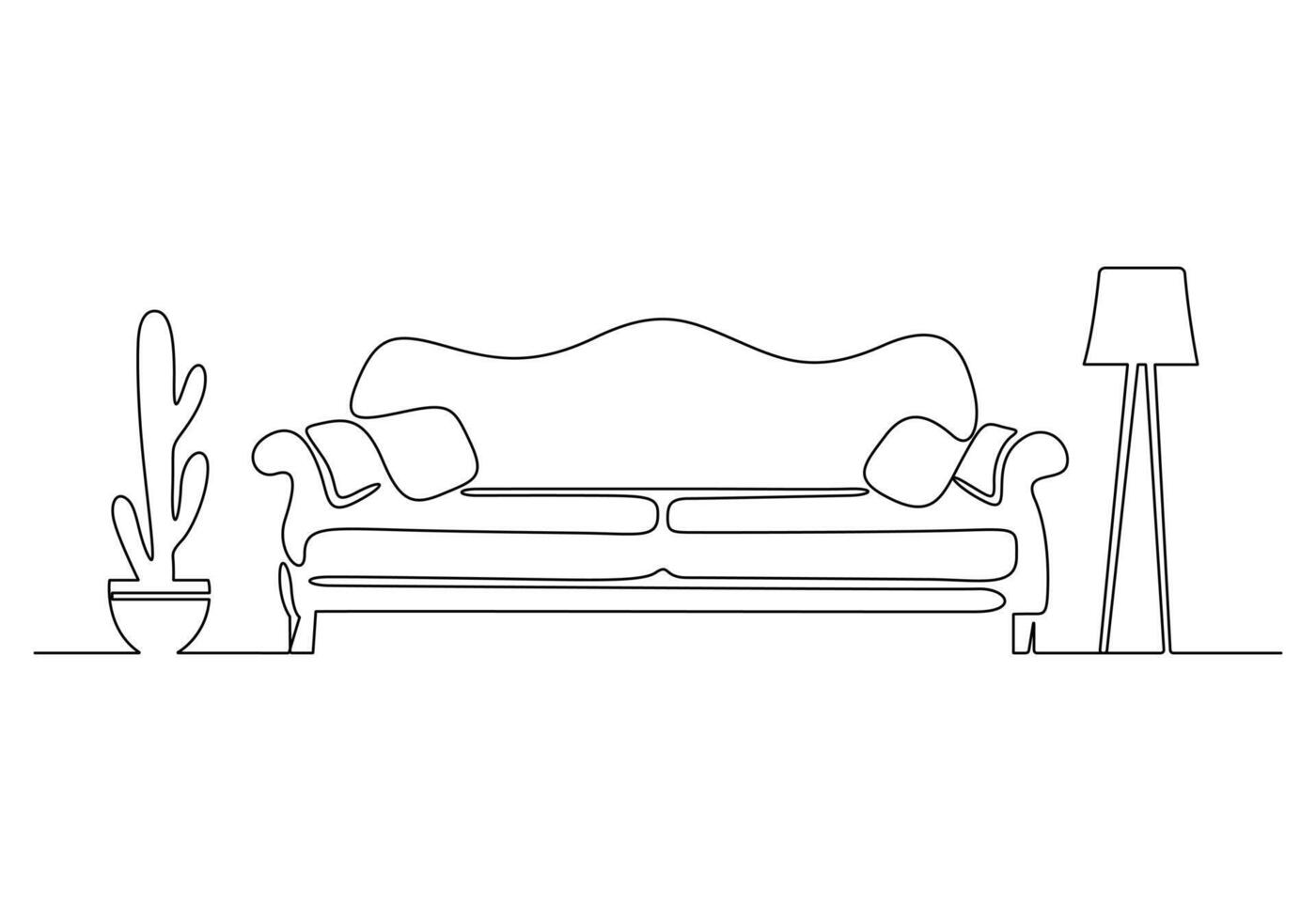 Digital illustration of continuous one line drawing couch or sofa with lamp and potted plant modern furniture vector