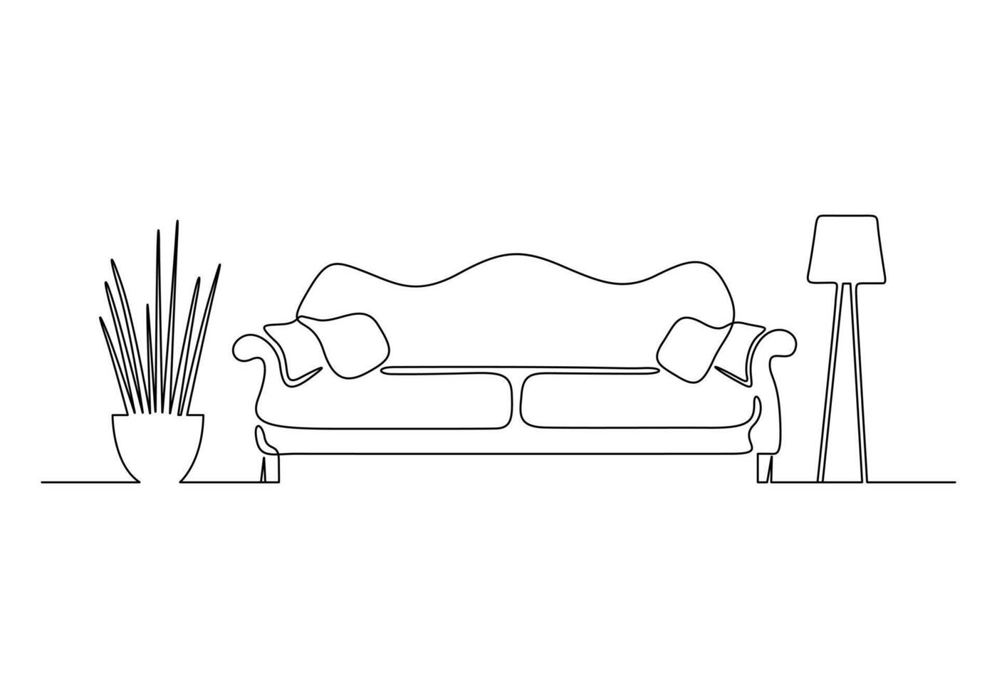 Premium illustration of one line drawing of couch or sofa with lamp and potted plant modern furniture vector