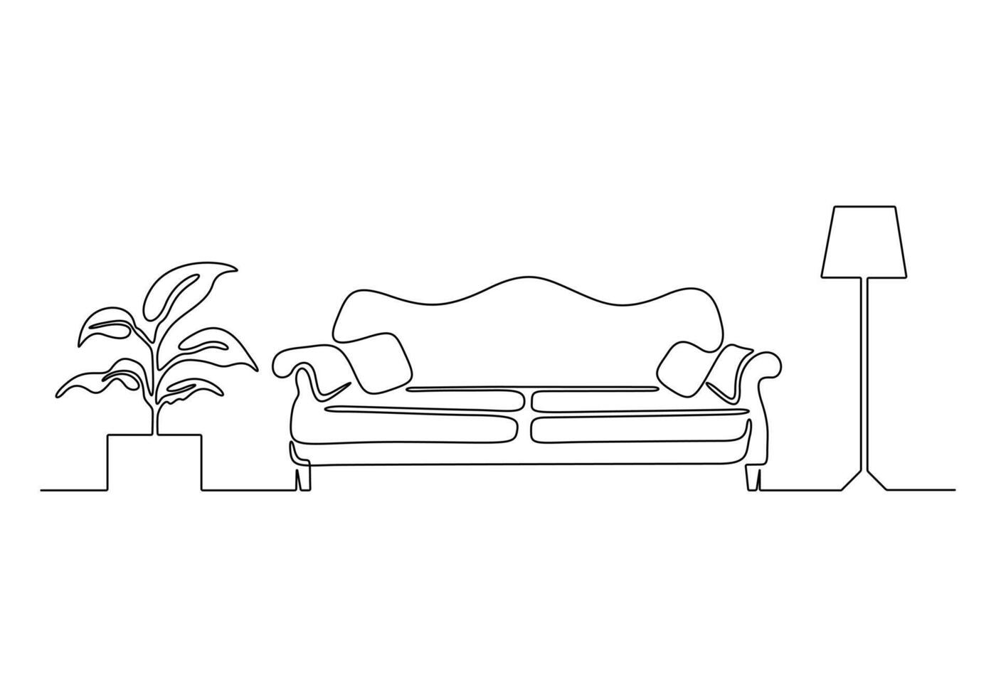 Continuous single line drawing of couch or sofa with lamp and potted plant modern furniture vector