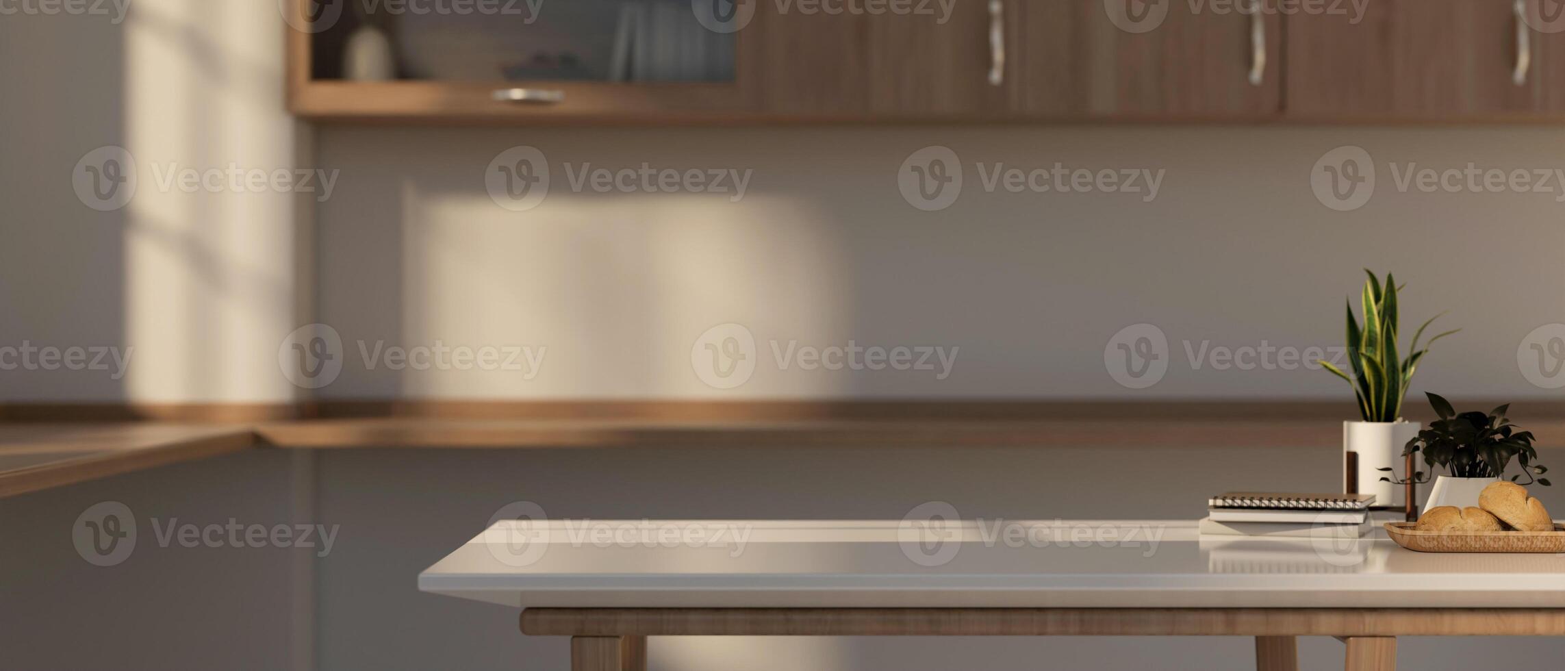 A copy space for displaying products on a white kitchen table in a contemporary, minimalist kitchen. photo