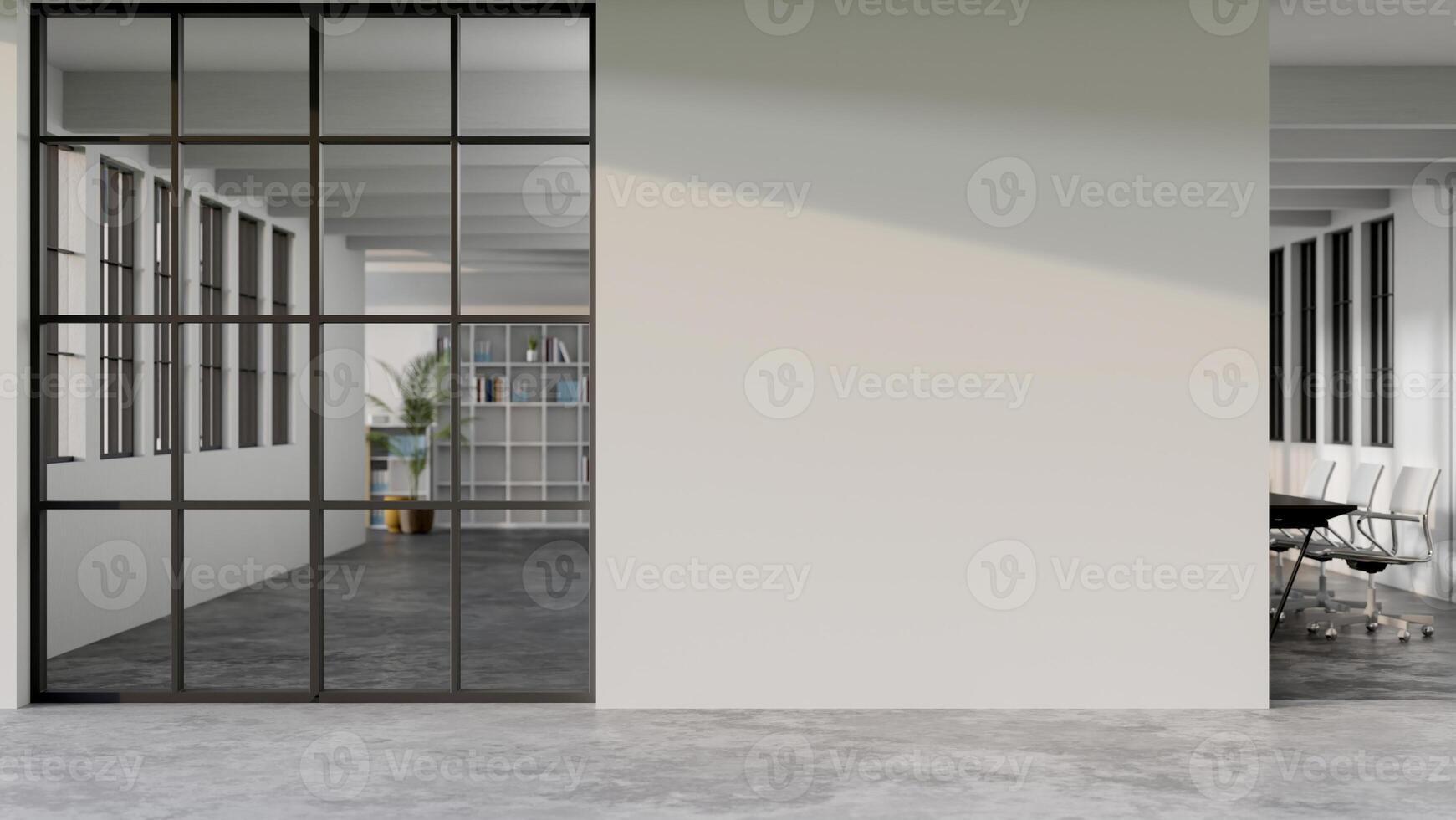 A modern office corridor hallway features a glass partition wall and a empty white wall. photo