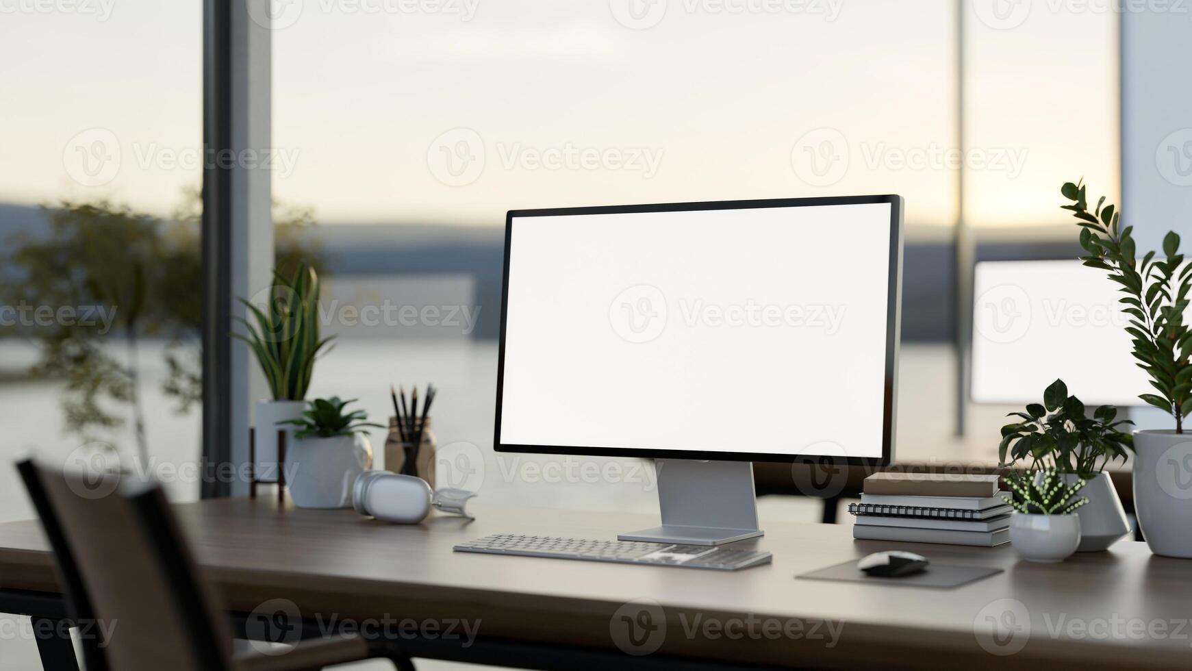 A computer desk in a modern office surrounded by large windows with a lake view, a computer mockup photo