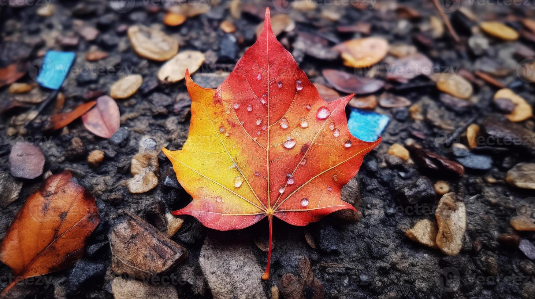 Autumn Leaf with Dew Drops on a Gravel Path photo