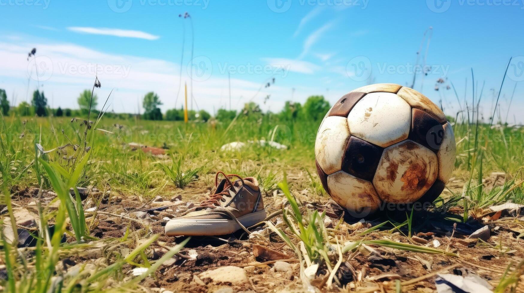 A Worn Soccer Ball and Shoe Abandoned in a Field photo