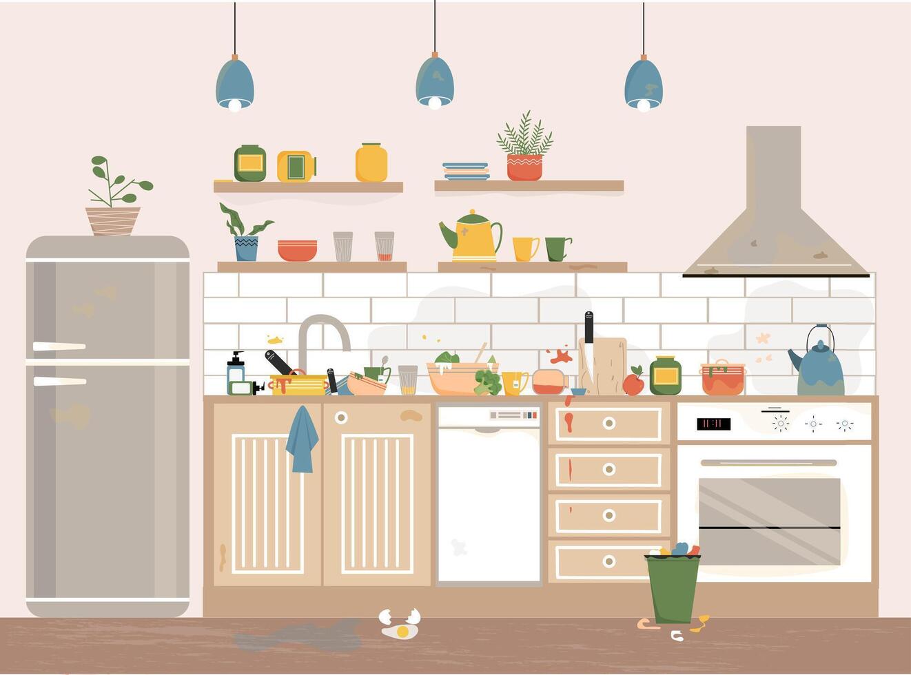 Interior of a dirty and messy kitchen with dirty dishes, furniture.Kitchen before tidying up and cleaning. Disorder in the interior. vector