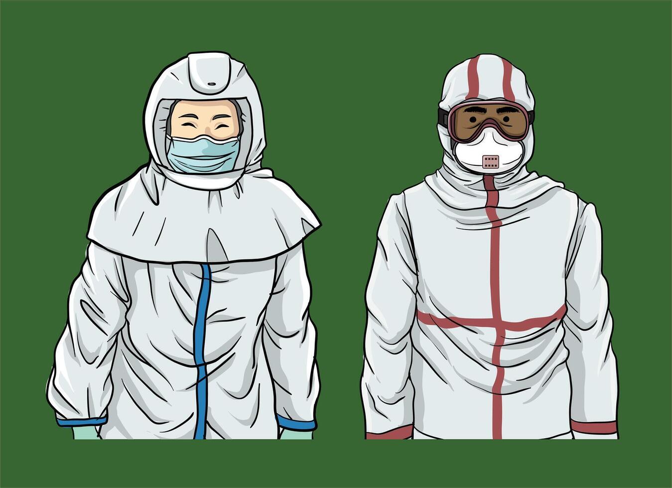illustration of african and asian medical workers wearing hazmat suit vector