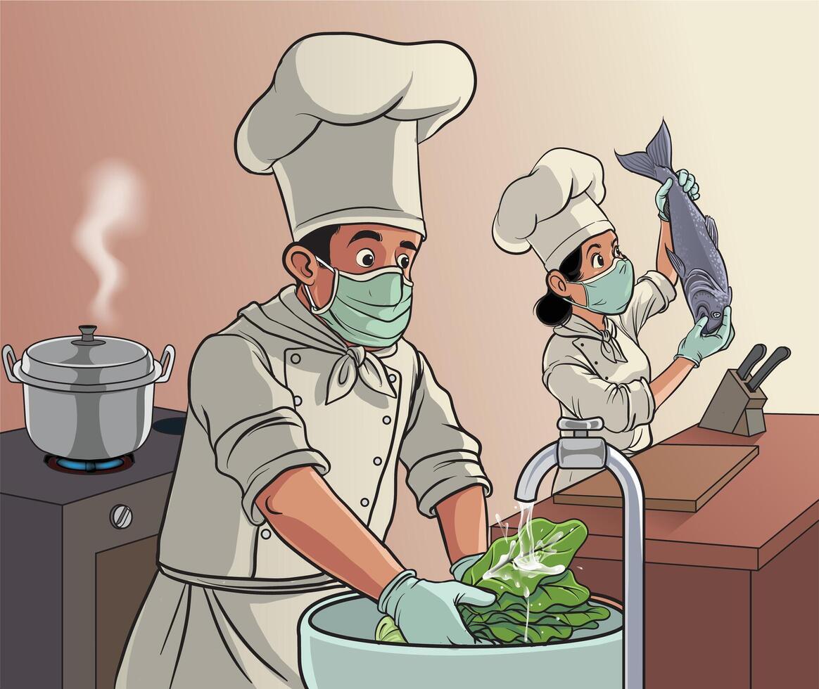 illustration of chef preparing for meals in hygiene ways vector