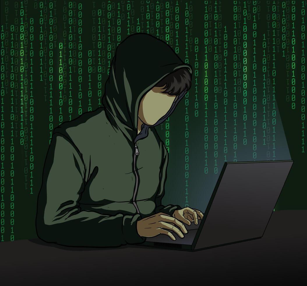 Illustration of hacker on laptop and binary code background vector