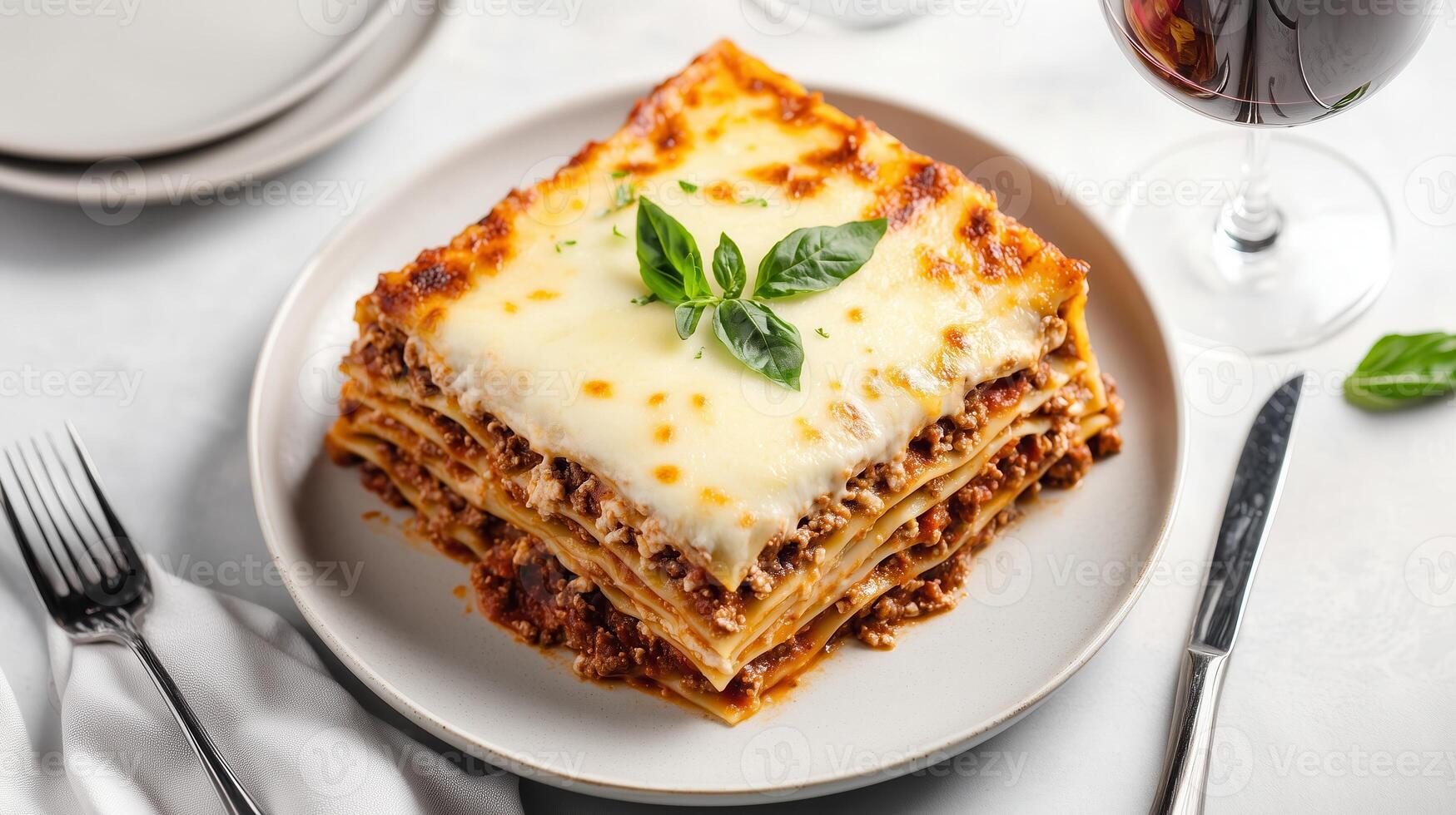 Delicious lasagna layered with cheese and meat, garnished with fresh basil, perfect for a gourmet dining experience. photo