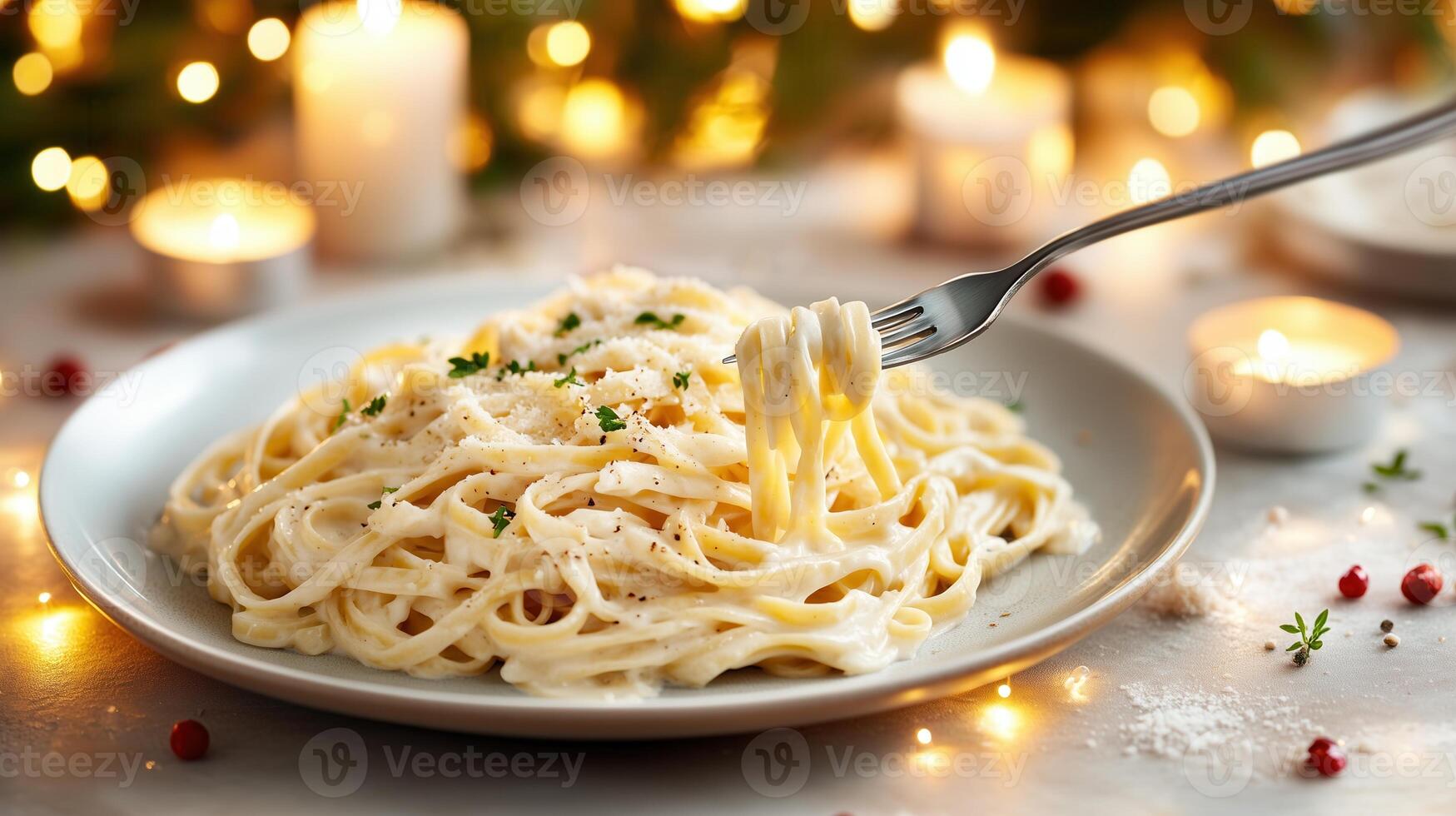 Delicious creamy pasta served on a festive table, perfect for holiday gatherings and cozy meals. photo