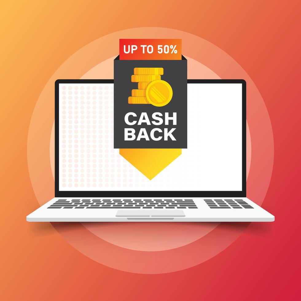 Cashback with computer laptop icon in flat style. Money back label illustration on isolated background. Cash back poster sign business concept. vector