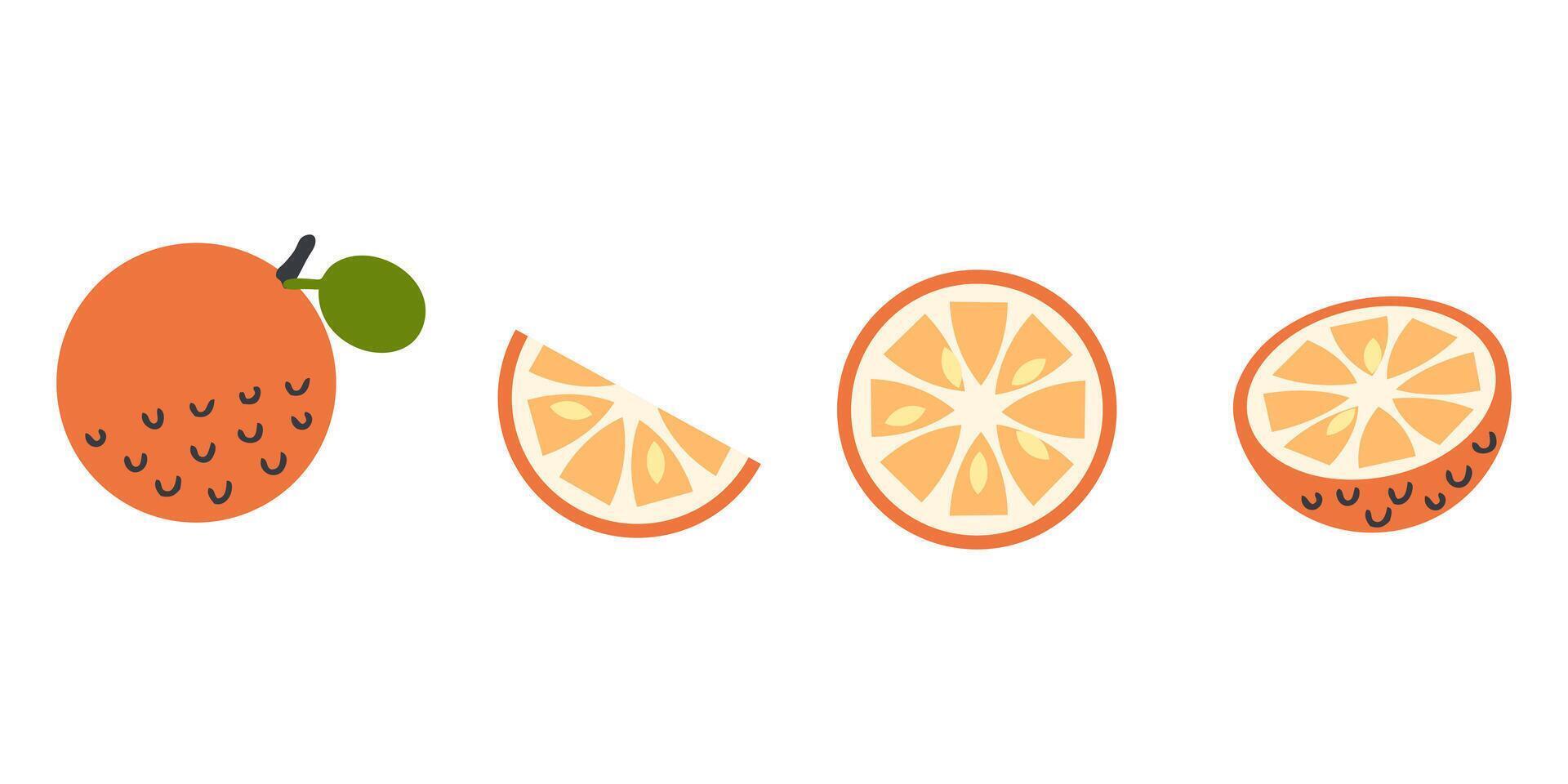 Flat orange and slices clipart collection in retro style. Perfect art for stickers, poster, label, sale, card. Hand drawn illustration for decor and design. vector