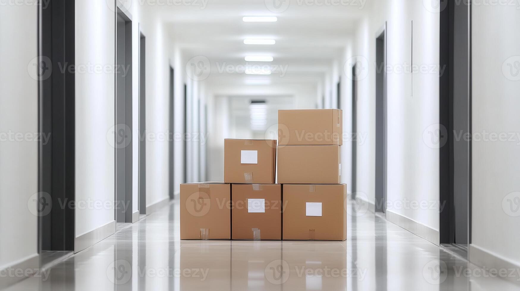 Five stacked cardboard boxes in a modern hallway, showcasing minimalistic design and efficient storage solutions. photo