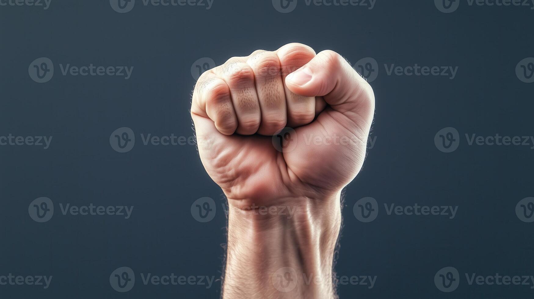 A powerful clenched fist symbolizing strength, determination, and unity against a blurred background. photo