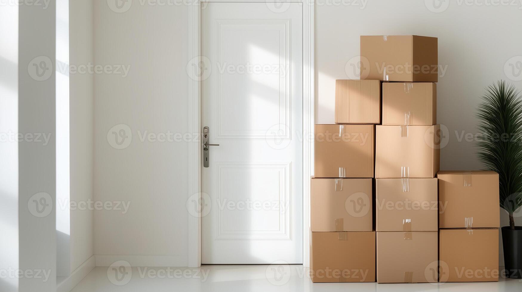Minimalist interior featuring stacked boxes near a white door, creating a clean and organized space ideal for moving or storage. photo