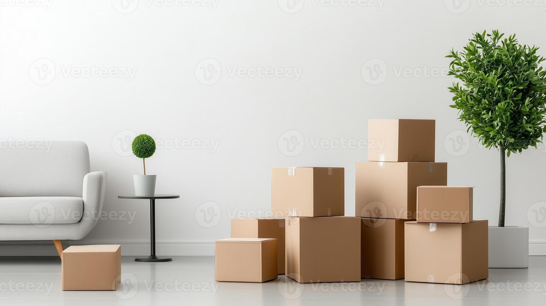 A cozy living room with stacked cardboard boxes, showcasing minimalistic design and a touch of green from a potted plant. photo