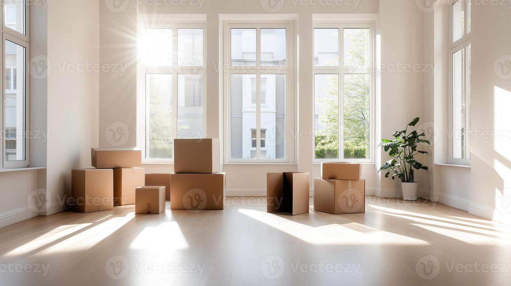 Bright, empty room with sunlight streaming through windows, showcasing cardboard boxes and a green plant, ideal for moving concepts. photo