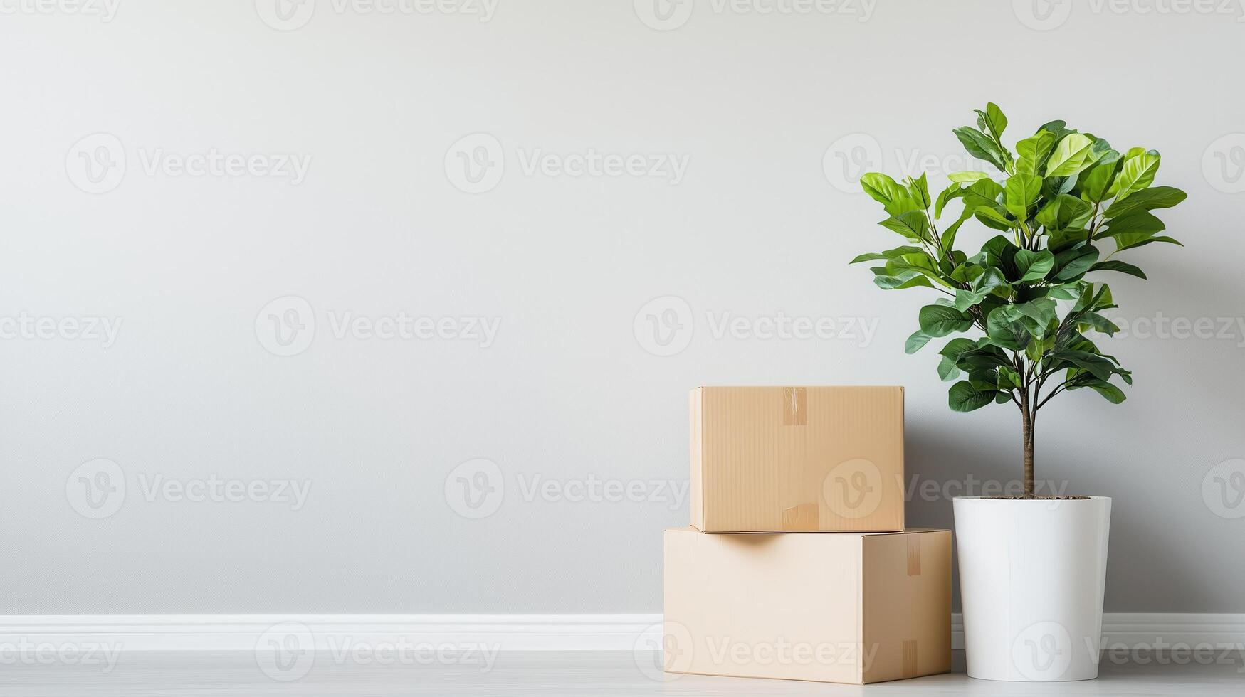 A serene interior scene featuring a potted plant and stacked boxes, perfect for home decor and minimalistic design concepts. photo