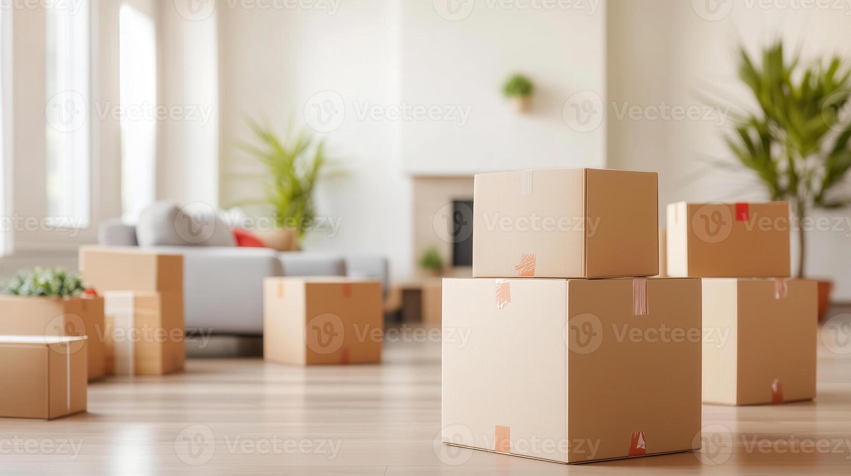 A cozy living room with stacked cardboard boxes ready for moving, featuring plants and a bright, inviting atmosphere. photo