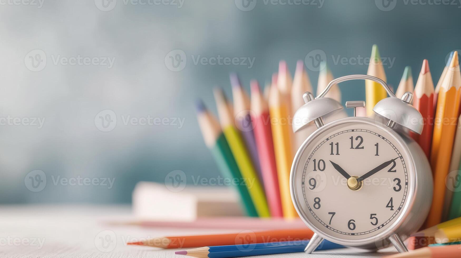 A silver alarm clock stands in front of colorful pencils, symbolizing time management and creativity in a vibrant study space. photo