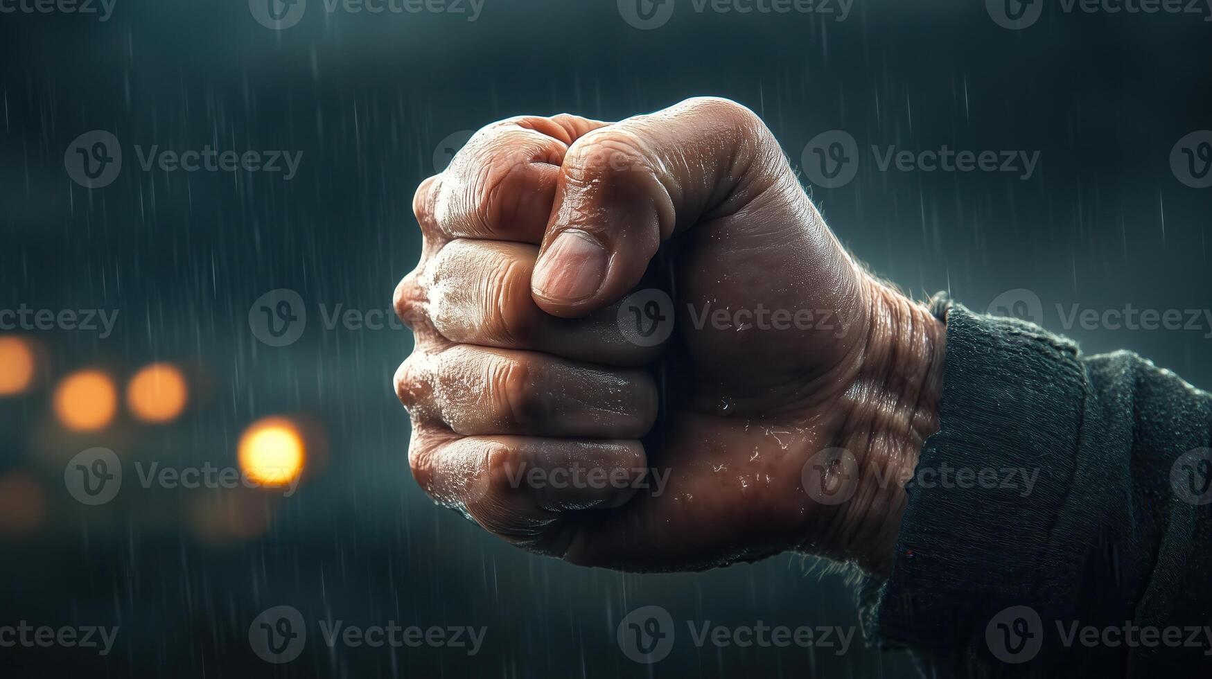 A clenched fist in the rain symbolizes strength, determination, and resilience against adversity in a moody atmosphere. photo