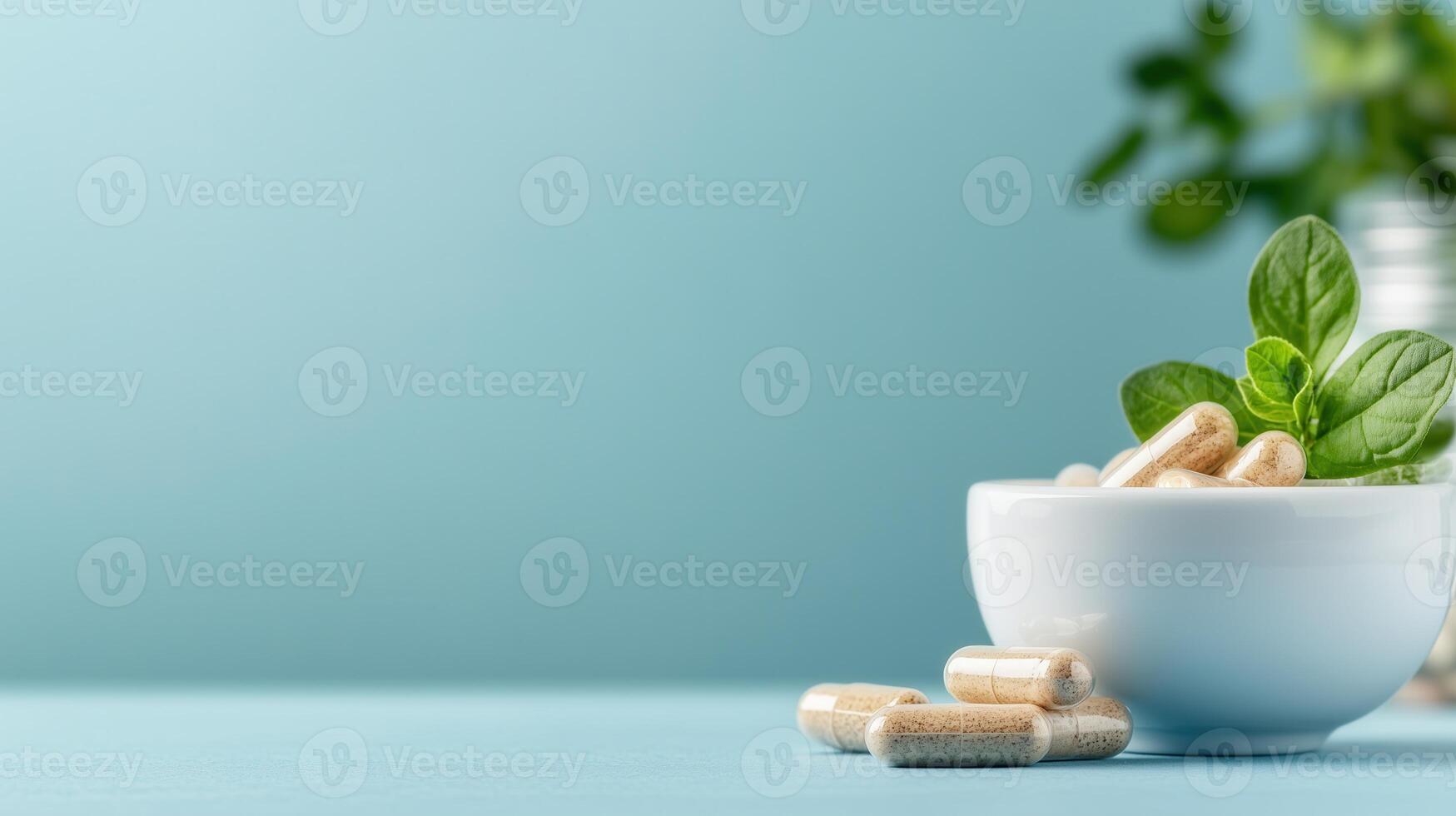 Natural herbal supplement in a bowl with leaves, showcasing organic wellness and health benefits in a soothing setting. photo