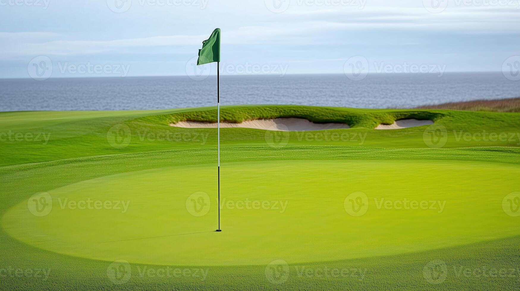 A serene golf course view with a green flag signaling the hole, complemented by a calm ocean panorama in the background. photo