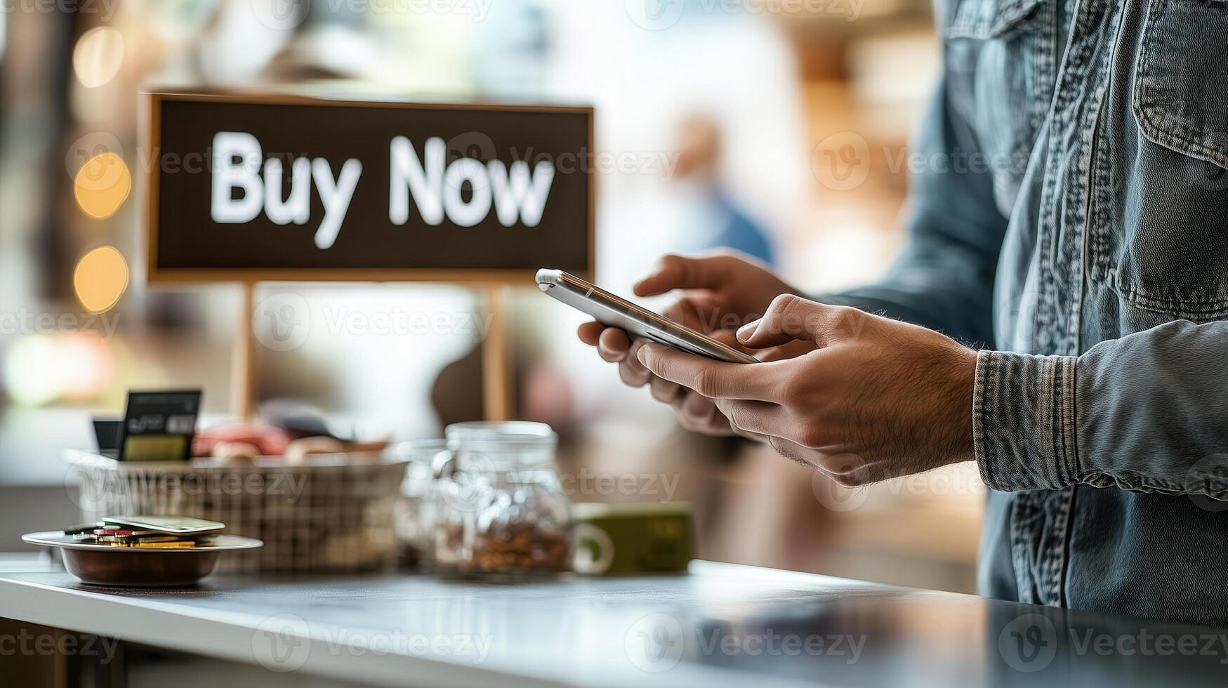 A person using a smartphone with a 'Buy Now' sign in a vibrant marketplace, capturing the essence of modern shopping. photo