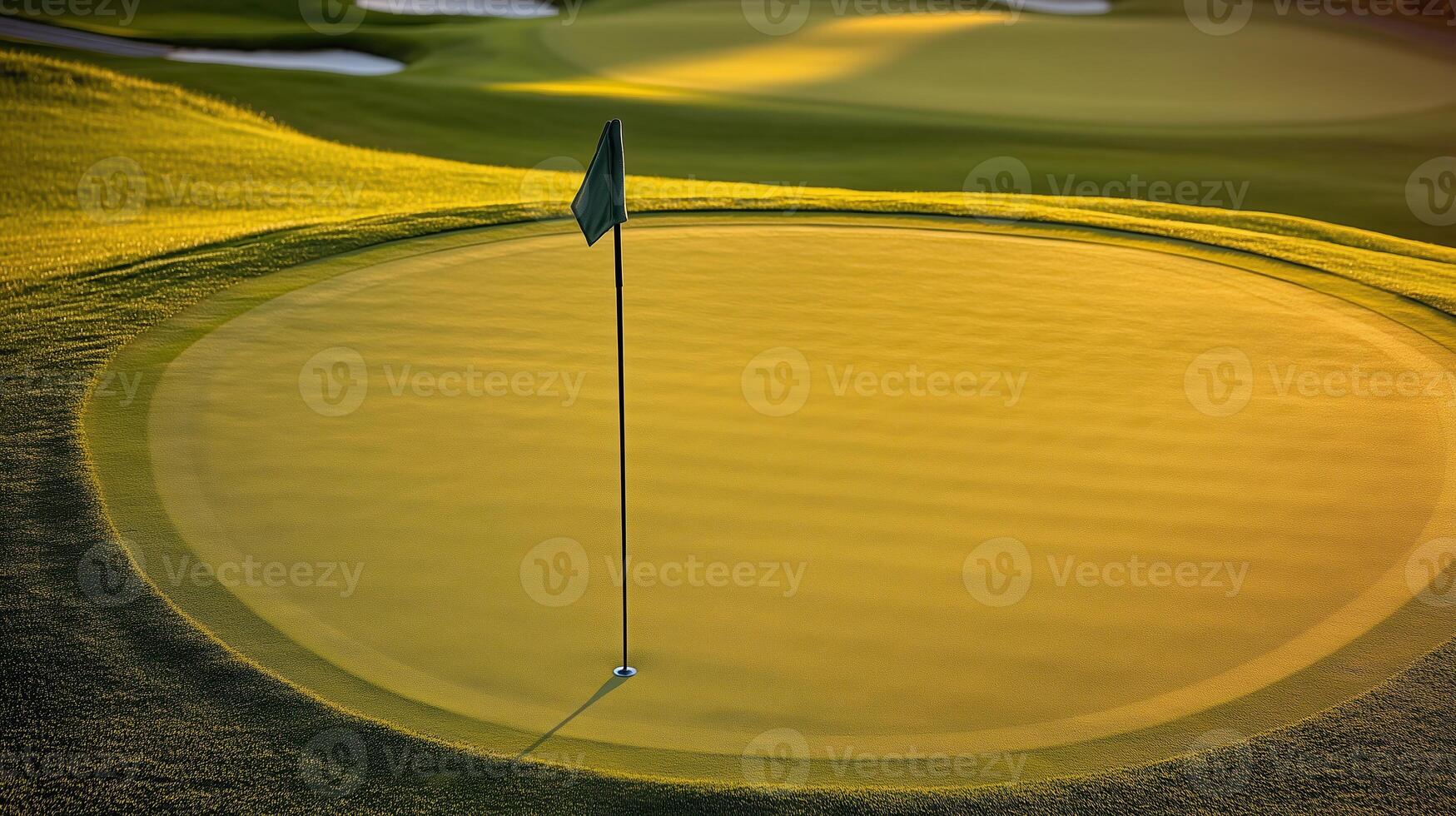 A serene golf course scene featuring a pristine putting green and a flag, illuminated by soft golden light during sunset. photo