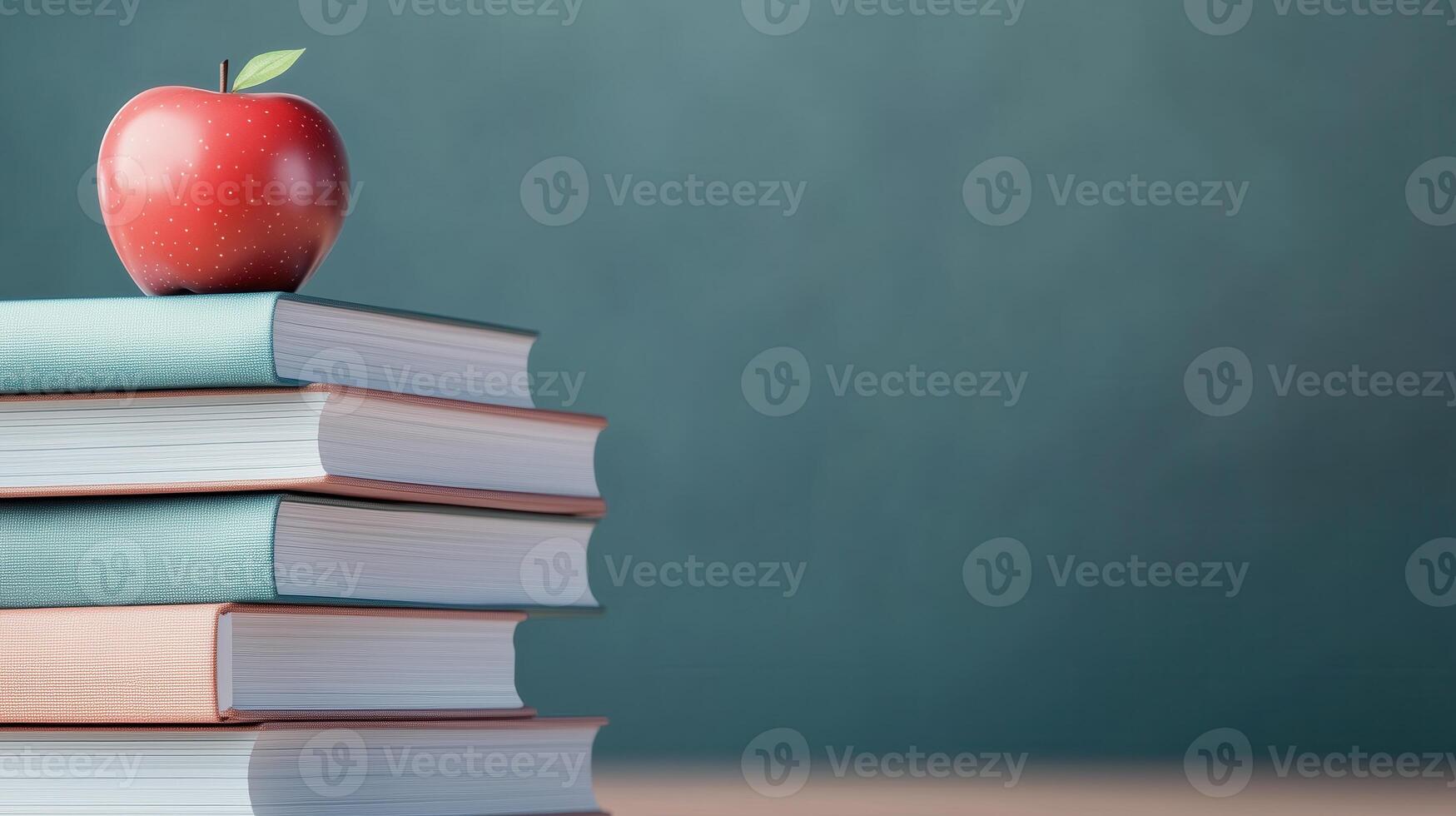 An inviting stack of books topped with a vibrant red apple against a soft blue background, symbolizing learning and education. photo