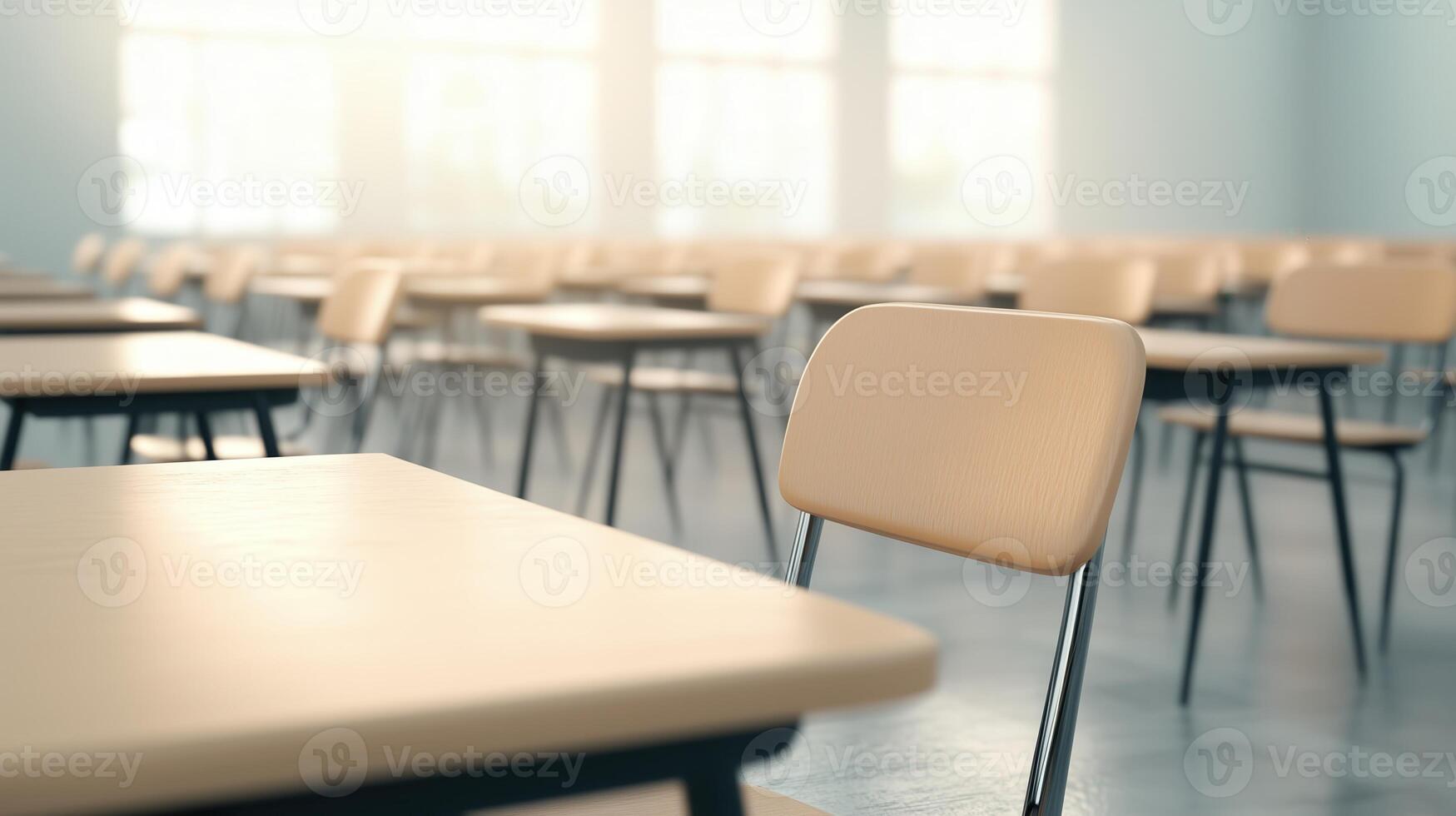 Empty classroom with rows of desks and chairs, illuminated by natural light, creating a serene and inviting learning environment. photo