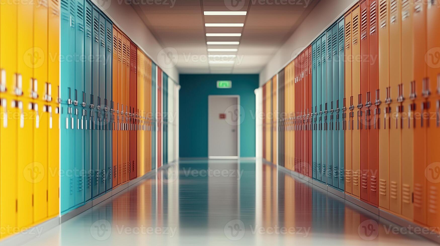 Colorful school hallway with vibrant lockers, bright lighting, and a door at the end creating an inviting educational atmosphere. photo
