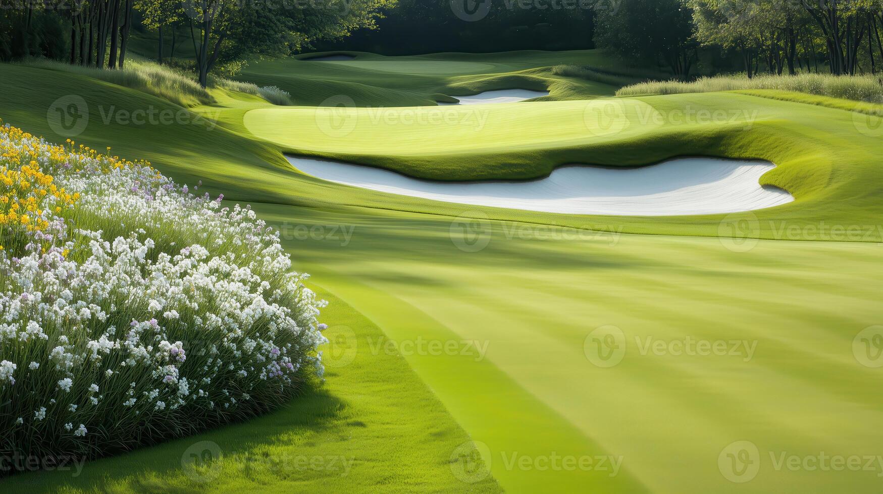 Idyllic golf course landscape with manicured grass, serene water features, and vibrant flowers creating a peaceful atmosphere. photo