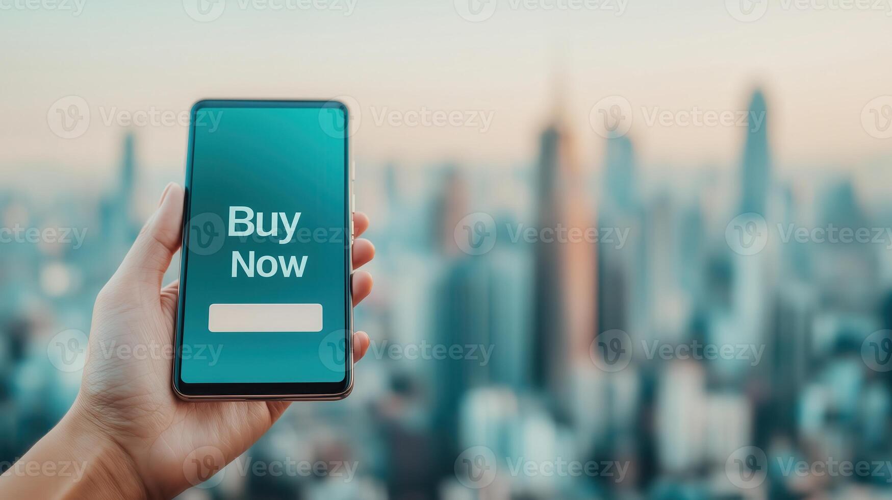 A hand holding a smartphone displaying a 'Buy Now' message against a city skyline, symbolizing modern commerce. photo
