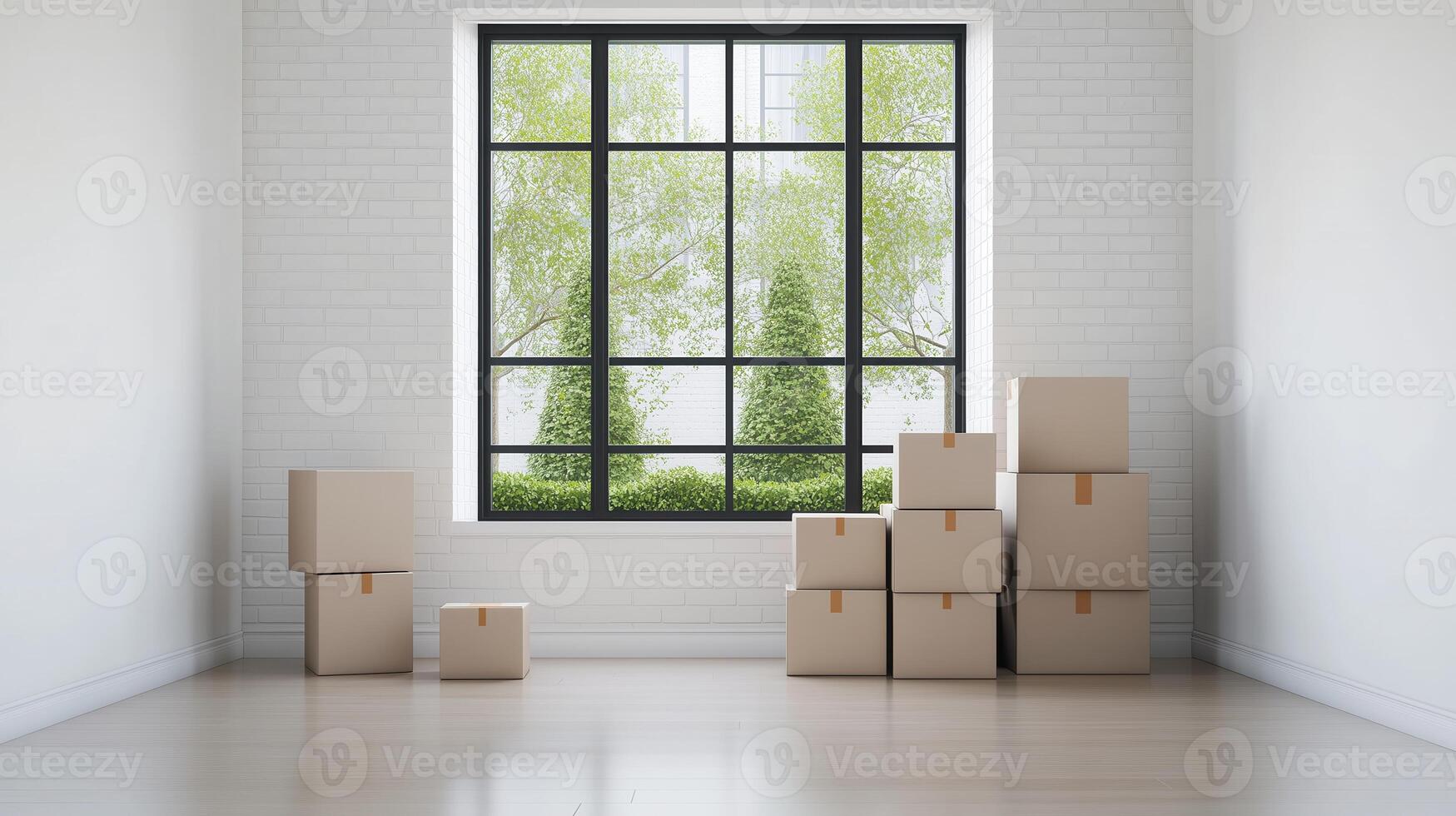 A spacious room featuring stacked cardboard boxes near a large window with a view of greenery, ideal for moving or storage. photo