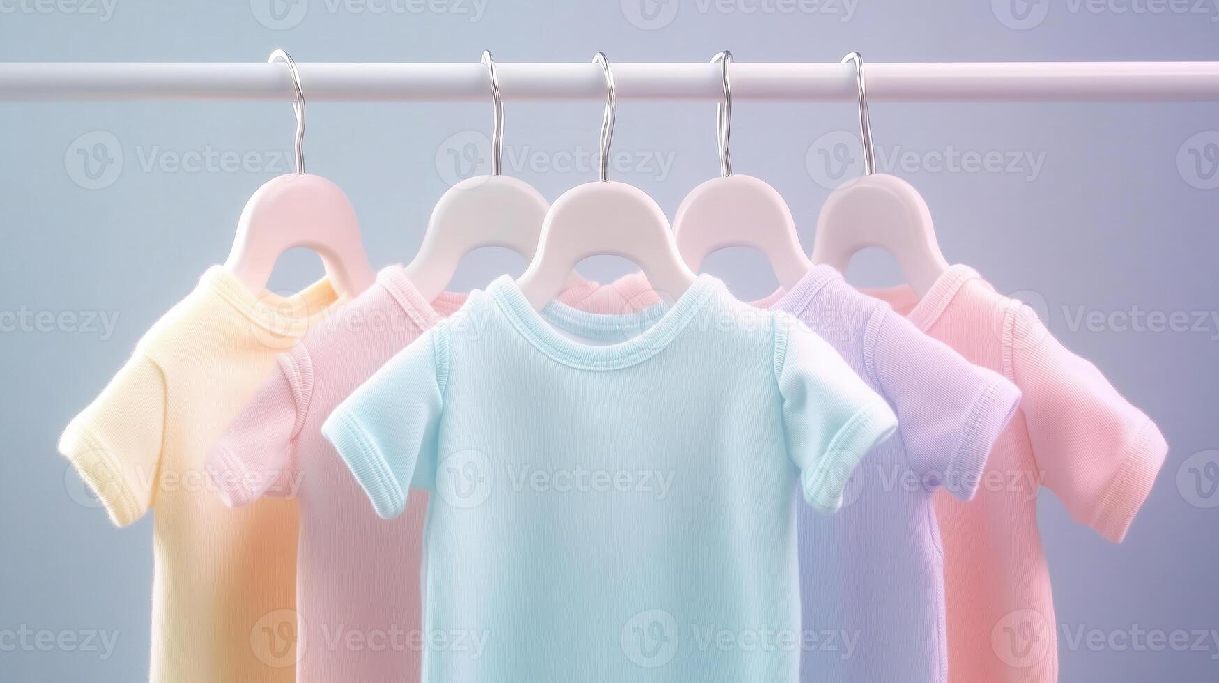 A collection of colorful t-shirts displayed on hangers, showcasing pastel hues in a minimalist setting. photo