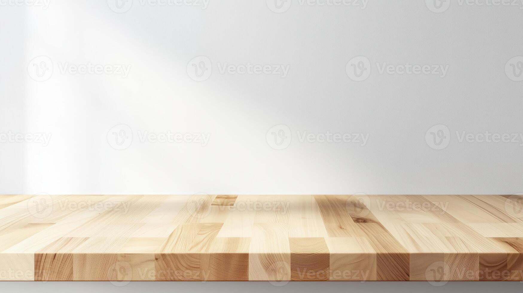 Minimalistic wooden tabletop with soft lighting against a plain wall, ideal for showcasing products or decorative items. photo