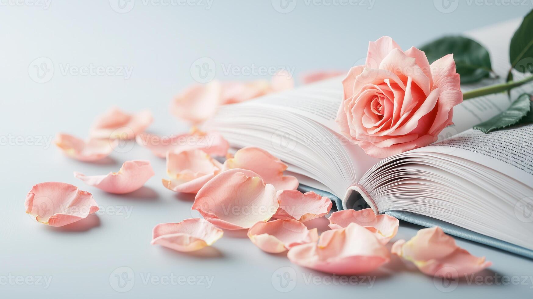 A beautiful pink rose lies on an open book surrounded by delicate rose petals, creating a romantic and serene atmosphere. photo