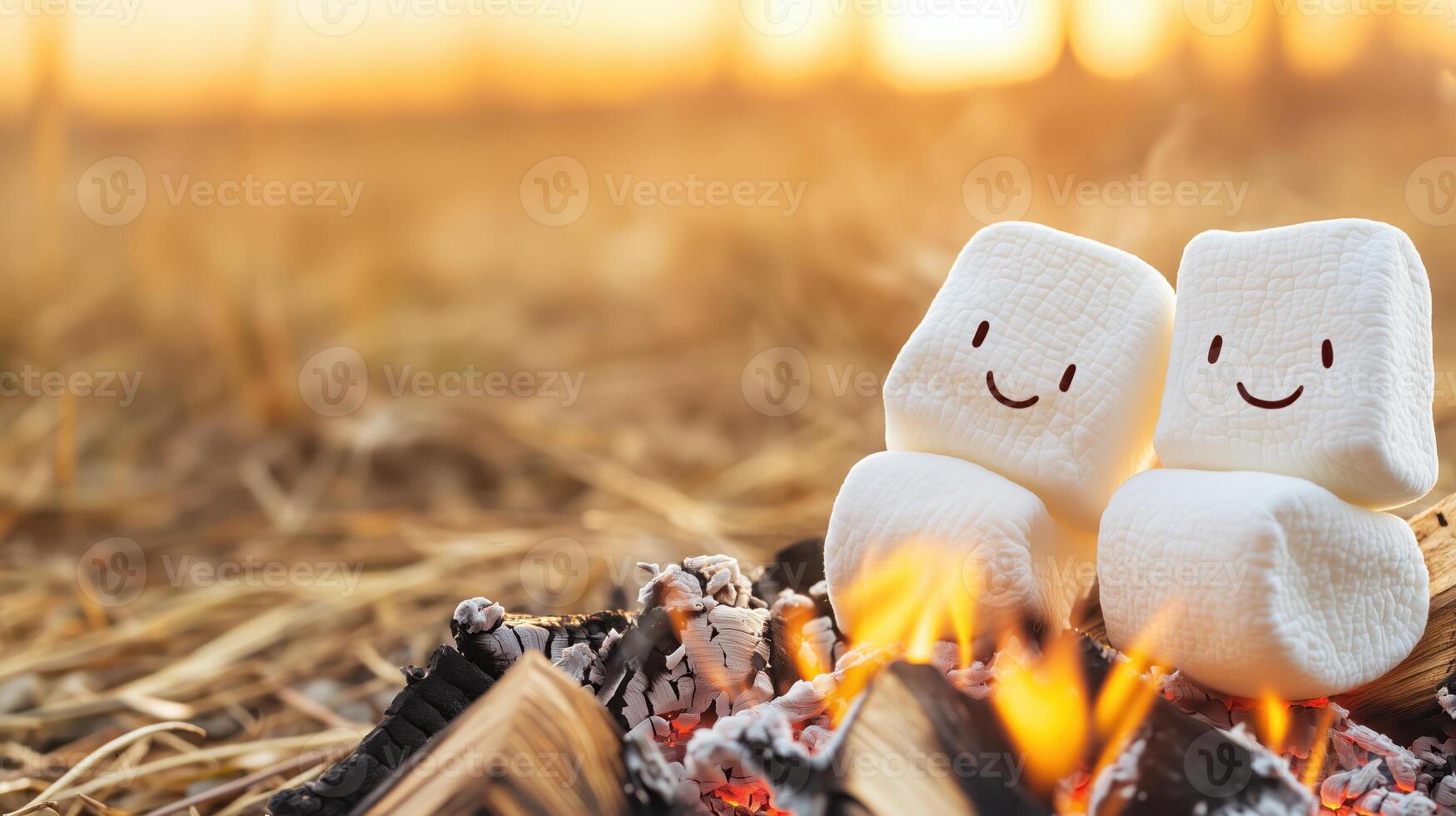 Two smiling marshmallows sit by a campfire on a lovely evening, evoking warmth and joy in a picturesque setting. photo