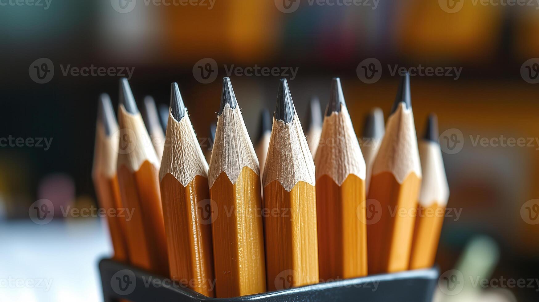 A collection of sharpened yellow pencils arranged aesthetically in a holder, perfect for art and stationery themes. photo
