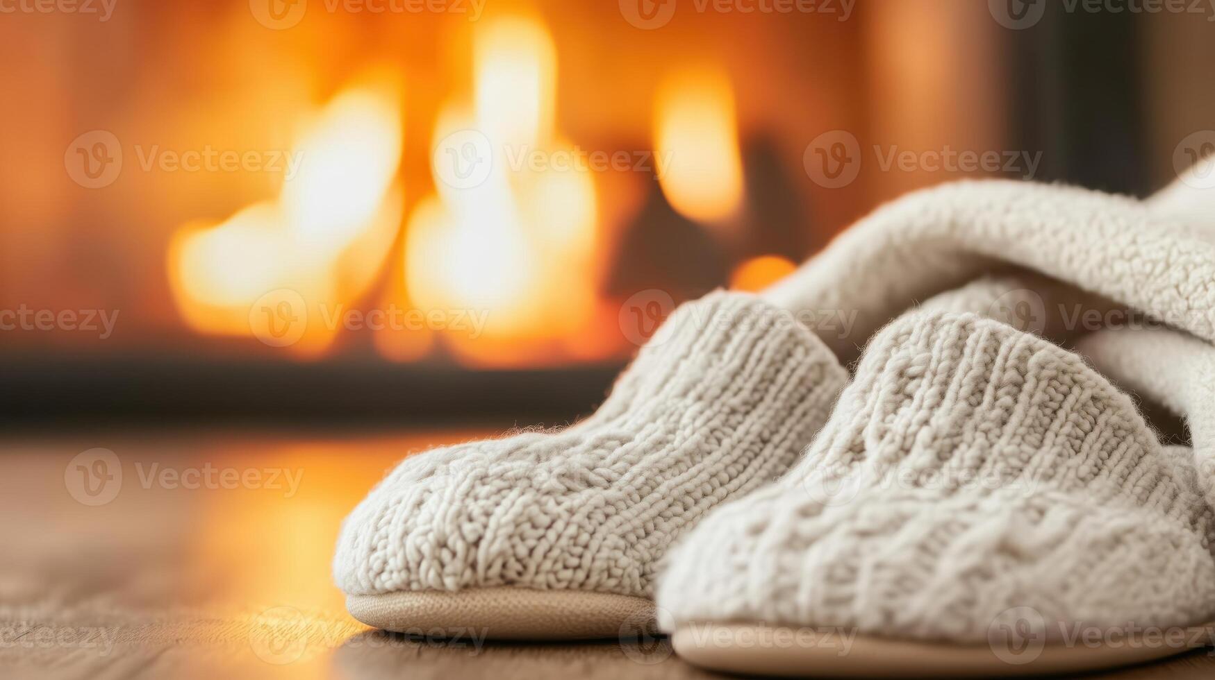 Cozy knitted slippers near a warm fireplace, perfect for winter evenings and relaxation at home. photo