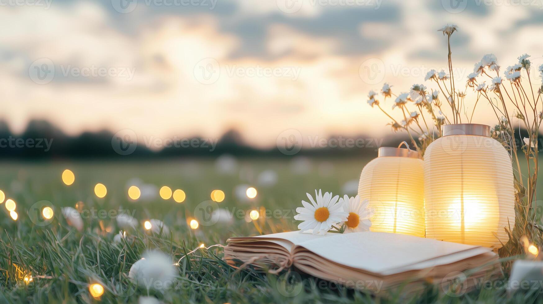 Tranquil outdoor scene with glowing lanterns beside an open book, surrounded by flowers and soft, natural lighting at dusk. photo