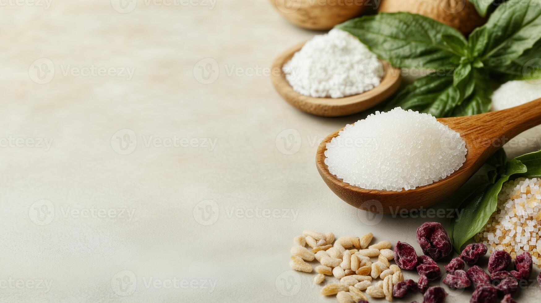 An artistic arrangement of sugar, herbs, and grains on a rustic surface, showcasing culinary ingredients for various recipes. photo