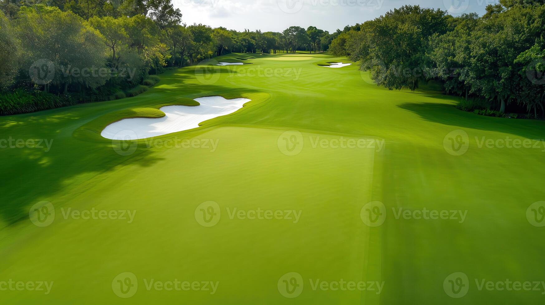 A scenic view of a lush golf course showcasing vibrant green grass and sand traps under a bright blue sky. photo