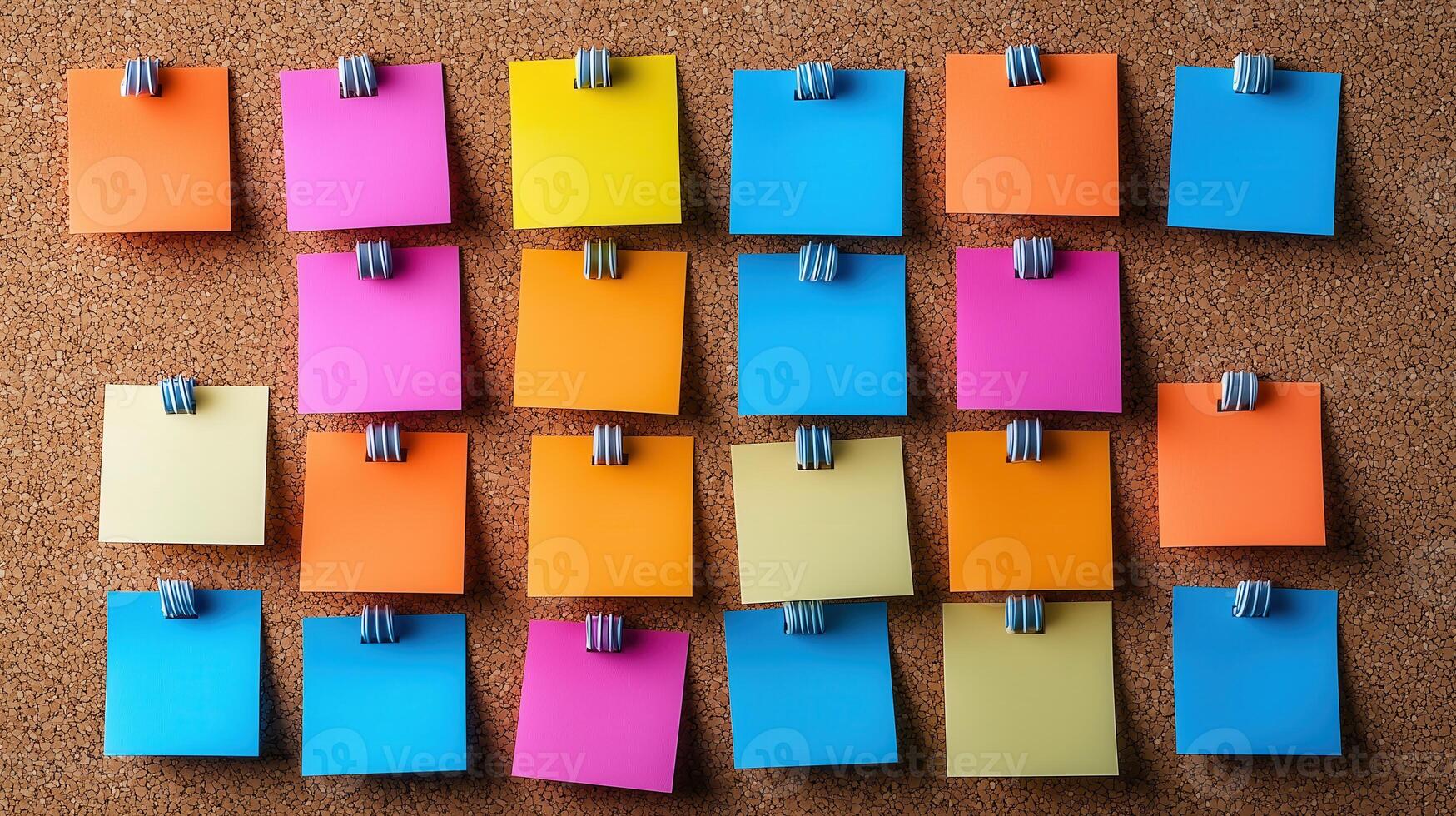 A vibrant collection of sticky notes arranged on a corkboard, perfect for organization, reminders, and creative ideas. photo
