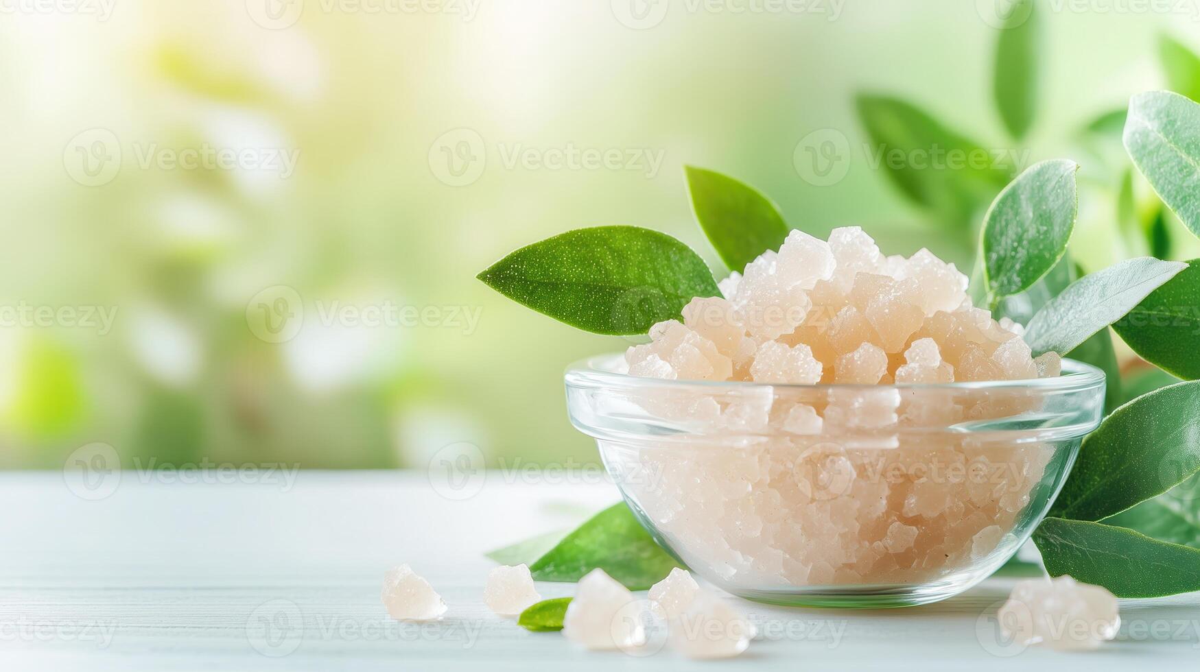 A tranquil arrangement of pink salt crystals in a bowl, surrounded by green leaves, perfect for wellness or spa-themed visuals. photo